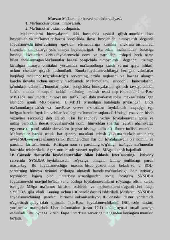 Mavzu: Ma'lumotlar bazasi administratsiyasi.