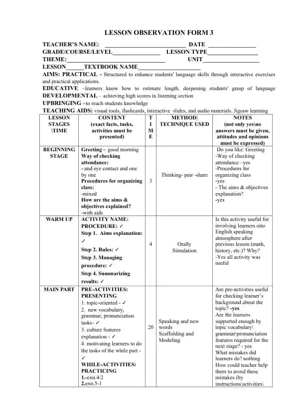 Lesson Observation Form 3