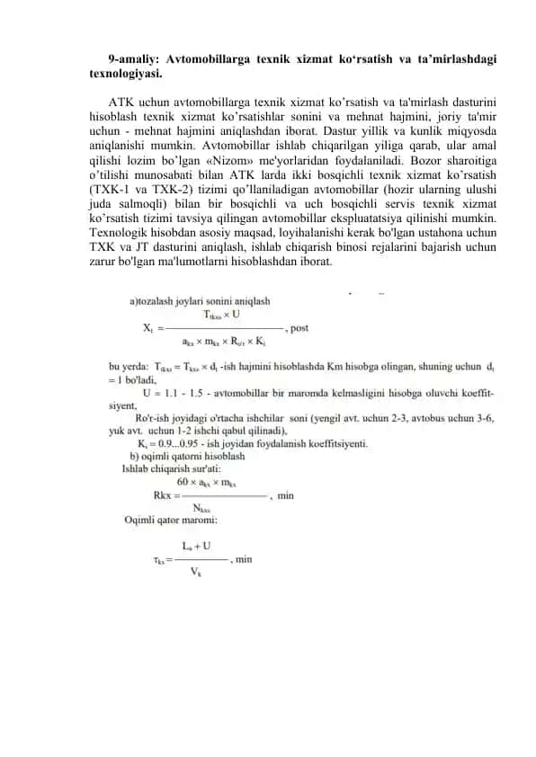 Avtomobillarga texnik xizmat ko‘rsatish va ta’mirlashdagi texnologiyasi