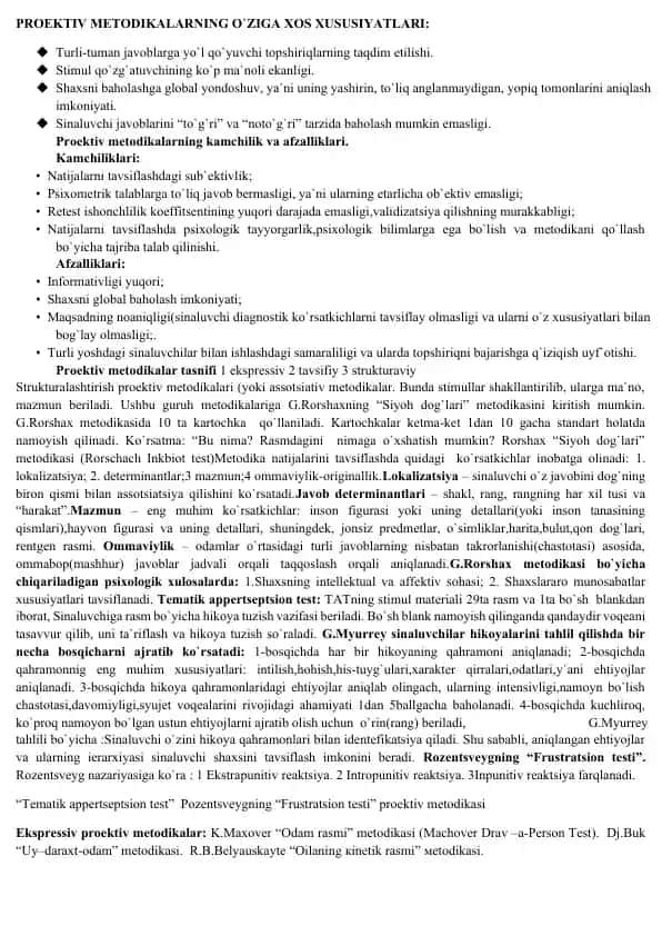 Proektiv metodikalar va ularning xususiyatlari