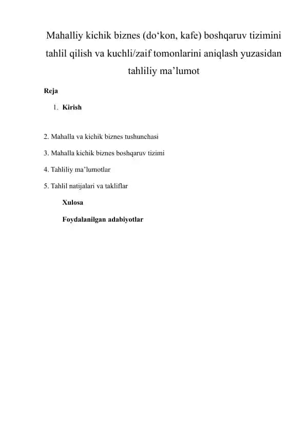 Mahalliy kichik biznes boshqaruv tizimini tahlil qilish