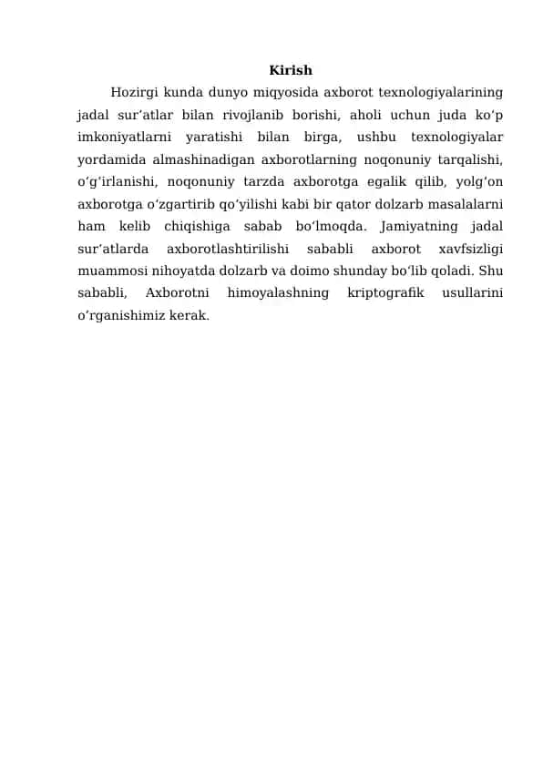 Axborotni Kriptografik Himoyalash Usullarining Tahlili