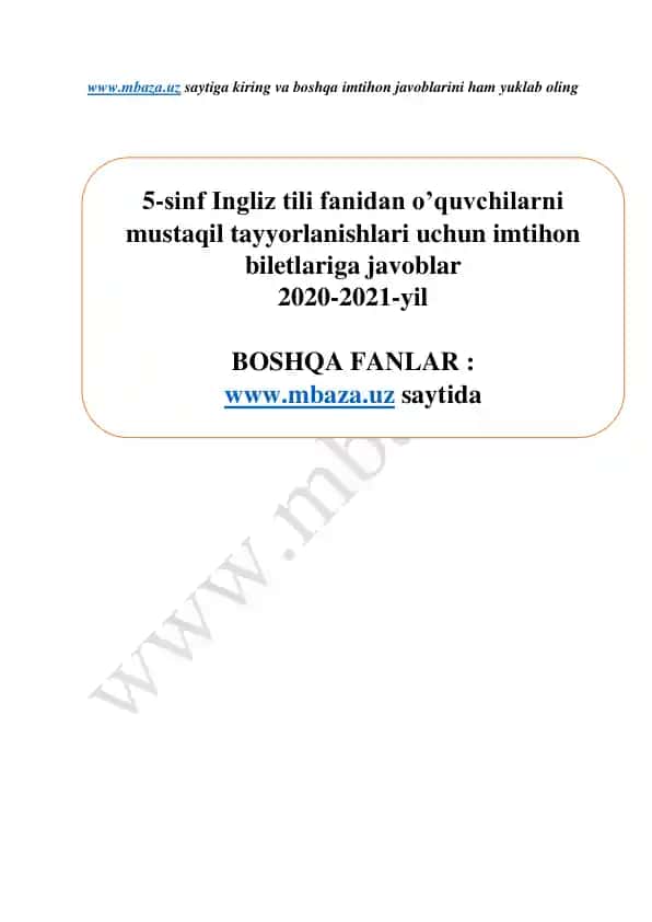 5-sinf Ingliz tili fanidan imtihon javoblari