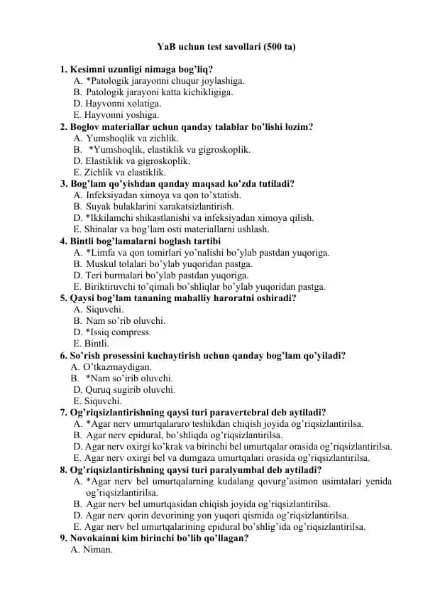 YaB uchun test savollari (500 ta)