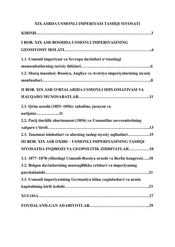 XIX Asrda Usmonli Imperiyasi Tashqi Siyosati