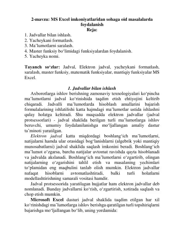 MS Excel imkoniyatlaridan sohaga oid masalalarda foydalanish