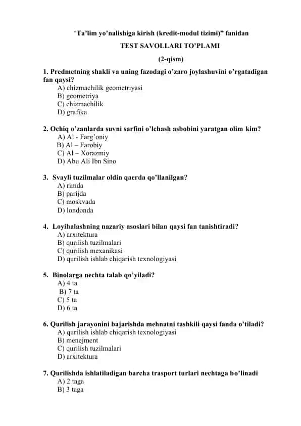 Ta’lim yo’nalishiga kirish (kredit-modul tizimi) fanidan TEST SAVOLLARI TO’PLAMI (2-qism)