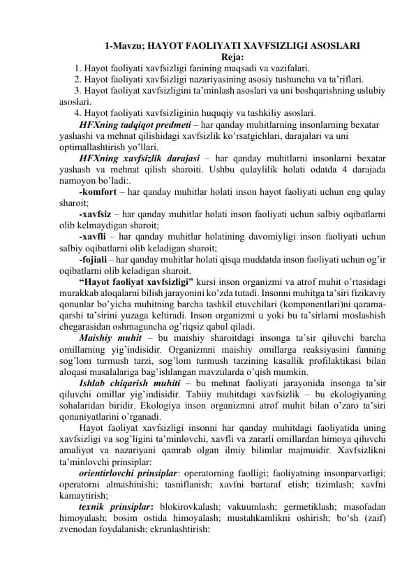 Hayot Faoliyati Xavfsizligi Asoslari