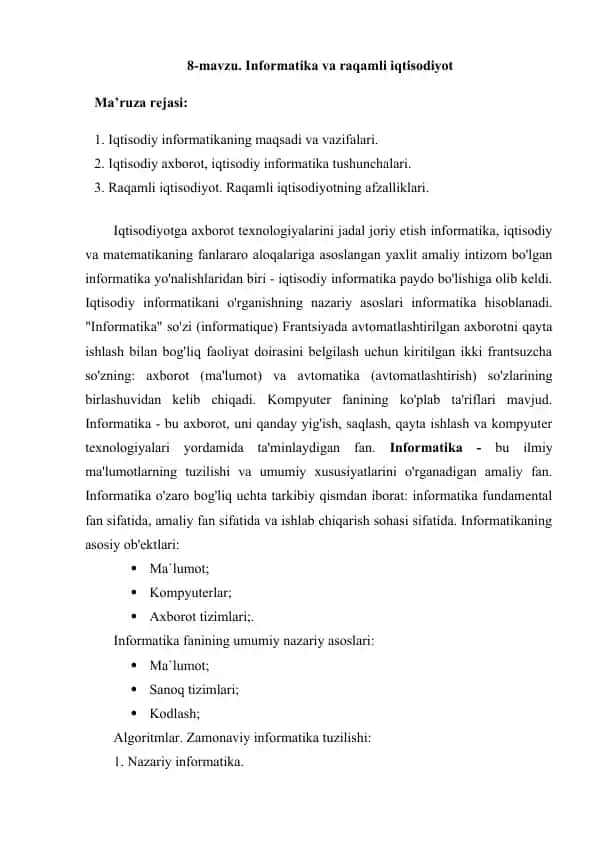 Iqtisodiy informatika va raqamli iqtisodiyot