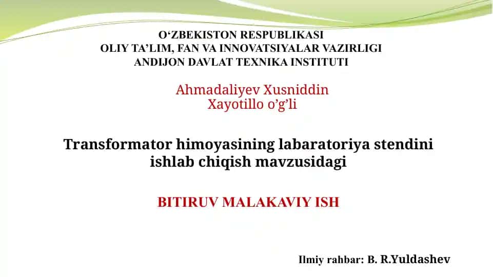Transformator himoyasining laboratoriya stendini ishlab chiqish