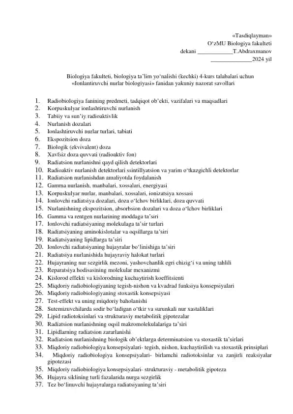 Ionlantiruvchi nurlar biologiyasi fanidan yakuniy nazorat savollari