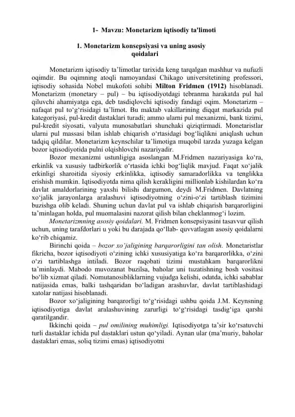 Monetarizm iqtisodiy ta'limoti