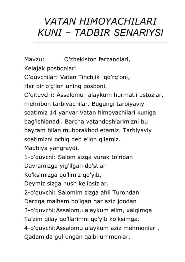 VATAN HIMOYACHILARI KUNI – TADBIR SENARIYSI