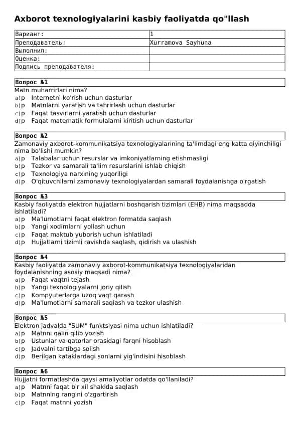 Axborot texnologiyalarini kasbiy faoliyatda qo'llash