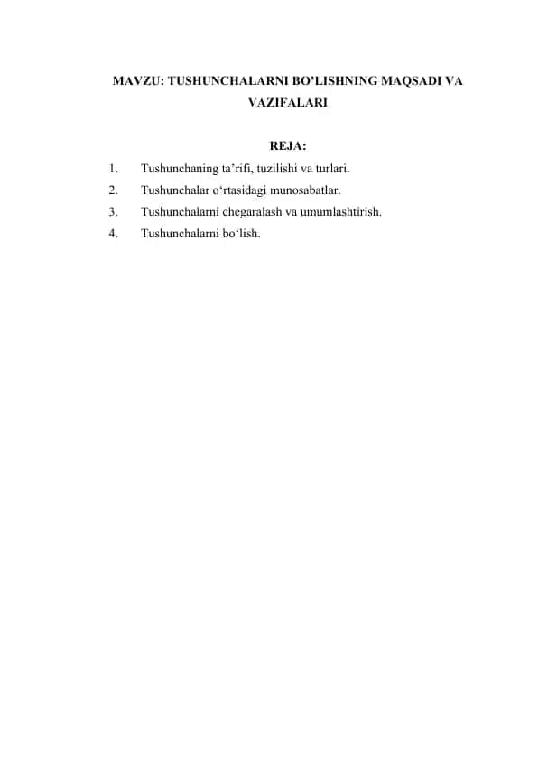 TUSHUNCHALARNI BO’LISHNING MAQSADI VA VAZIFALARI