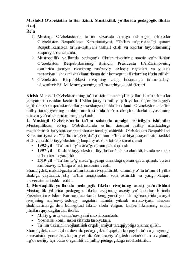 Mustakil O‘zbekiston ta’lim tizimi