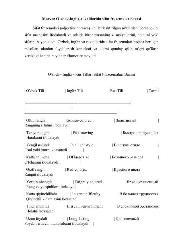 O'zbek-ingliz-rus tillarida sifat frazemalar bazasi