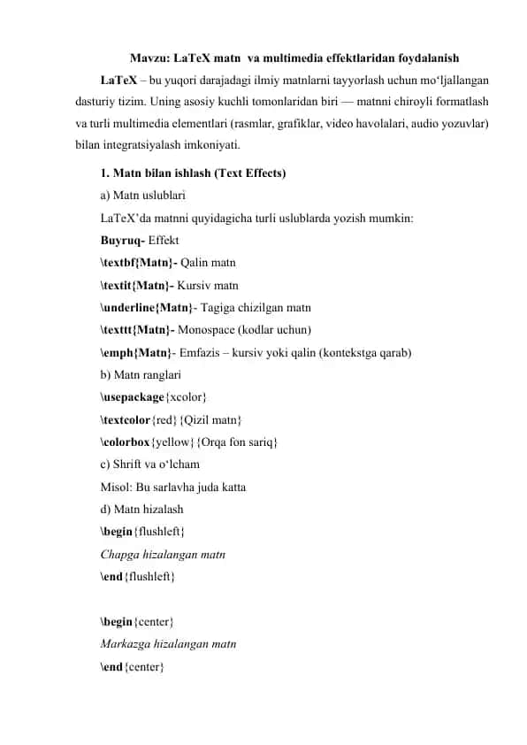 LaTeX matn va multimedia effektlaridan foydalanish