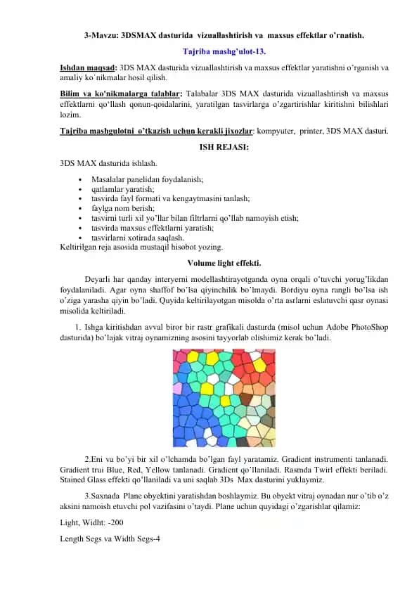 3DSMAX dasturida vizuallashtirish va maxsus effektlar o’rnatish