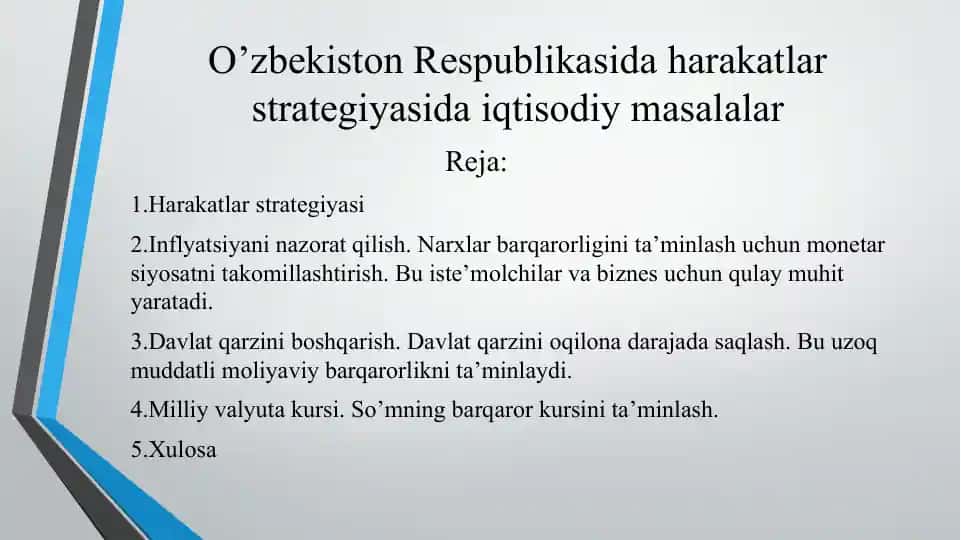 O’zbekiston Respublikasida harakatlar strategiyasida iqtisodiy masalalar