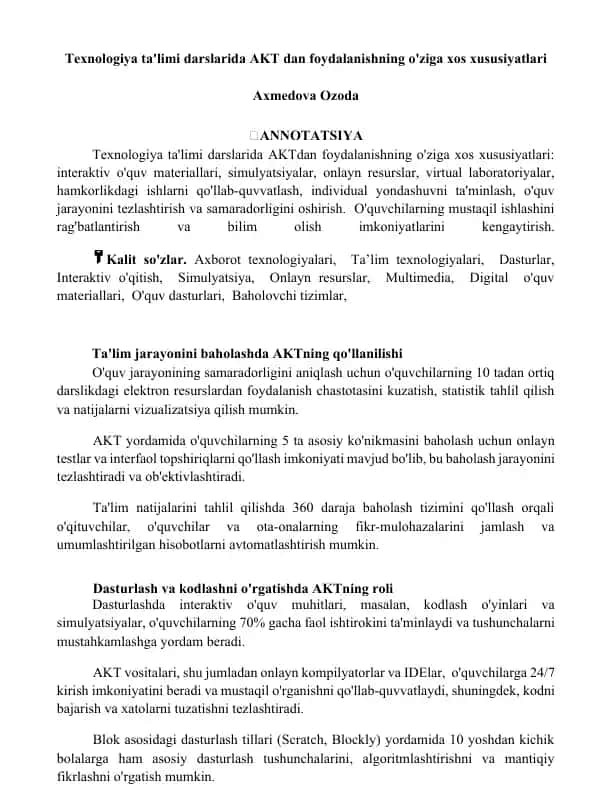 Texnologiya ta'limi darslarida AKT dan foydalanishning o'ziga xos xususiyatlari