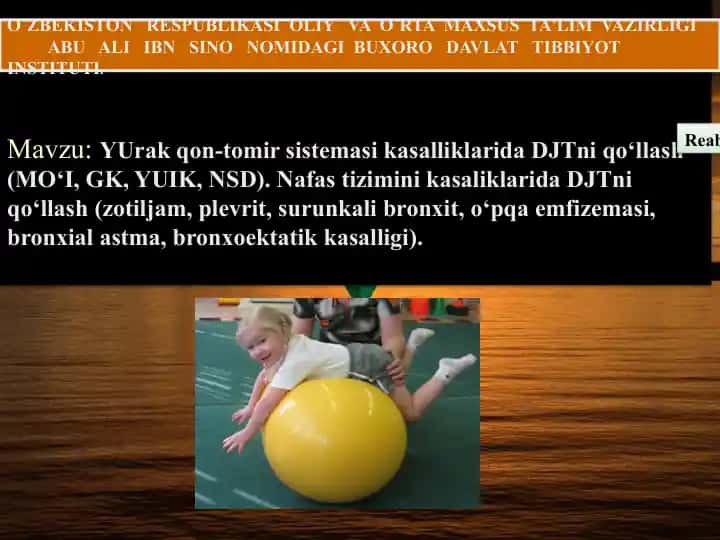 YUrak qon-tomir sistemasikasalliklaridaDJTni qo‘llash (MO‘I, GK, YUIK, NSD). Nafas tizimini kasaliklarida DJTni qo‘llash (zotiljam, plevrit, surunkali bronxit, o‘pqa emfizemasi, bronxial astma, bronxoektatik kasalligi).