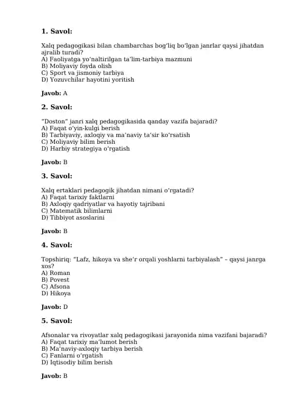 Xalq pedagogikasi Savollari