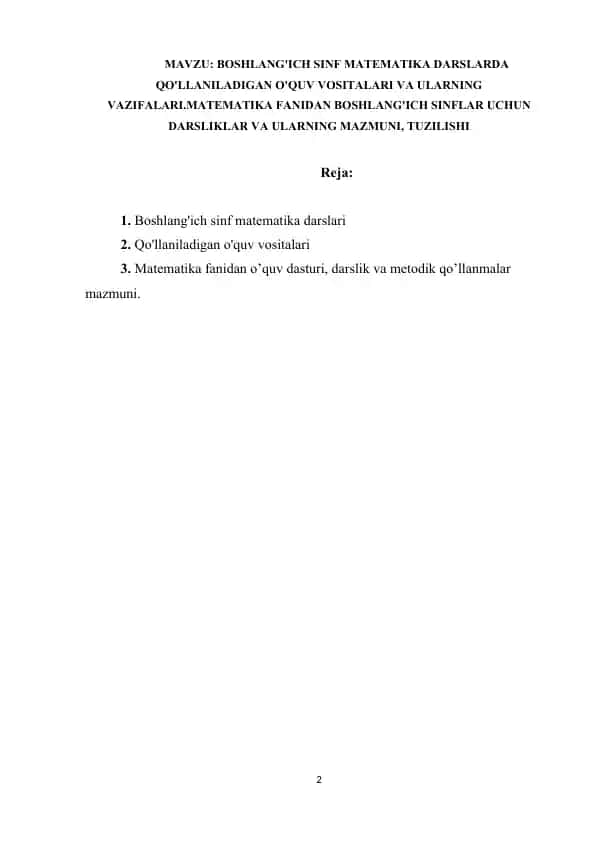 Boshlang'ich sinf matematika darslari va o'quv vositalari