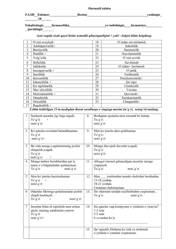 Talabalarning shaxsiy rivojlanishiga oid test