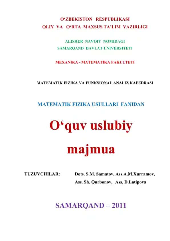 Matematik fizika usullari o‘quv-uslubiy majmua