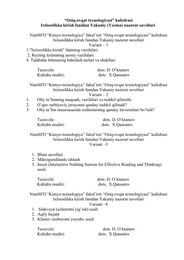 Ixtisoslikka kirish fanidan Yakuniy (Yozma) nazorat savollari