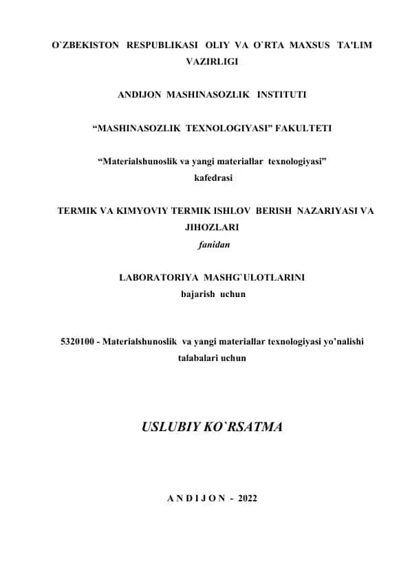 Materialshunoslik va yangi materiallar texnologiyasi yo’nalishi talabalari uchun uslubiy ko'rsatma