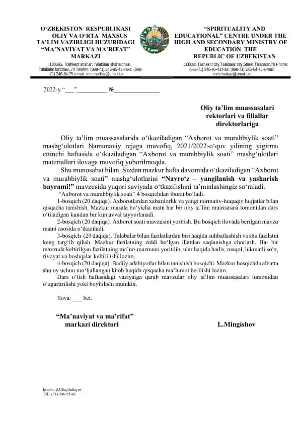 "Axborot va murabbiylik soati mashg'ulotlari"