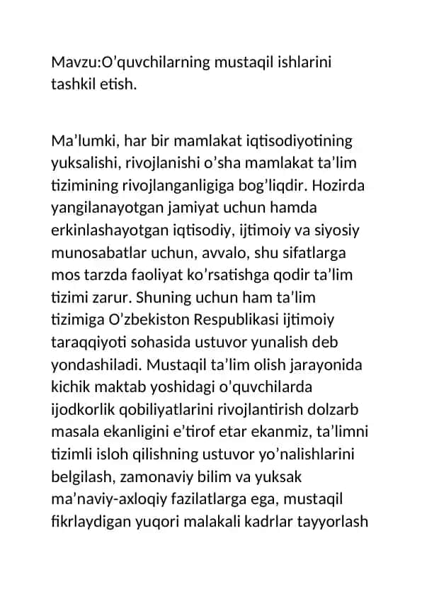 O’quvchilarning mustaqil ishlarini tashkil etish