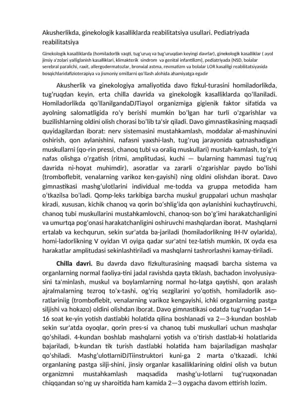 Reabilitatsiya usullari akusherlikda, ginekologik kasalliklar va pediatriyada
