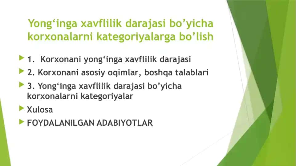 Yong‘inga Xavflilik Darajasi Bo‘yicha Korxonalarni Kategoriyalarga Bo‘lish