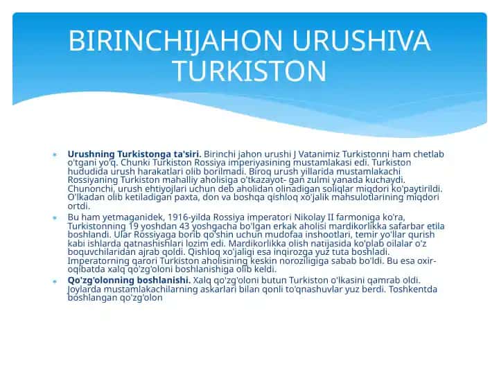 Urushning Turkistonga ta'siri