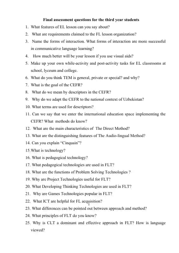 Final assessment questions for the third year students