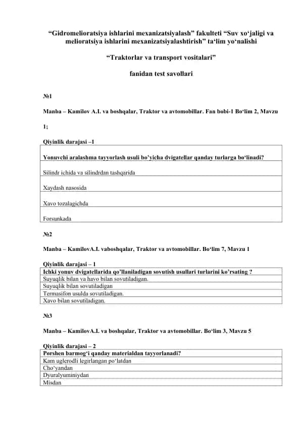 Traktorlar va transport vositalari test savollari