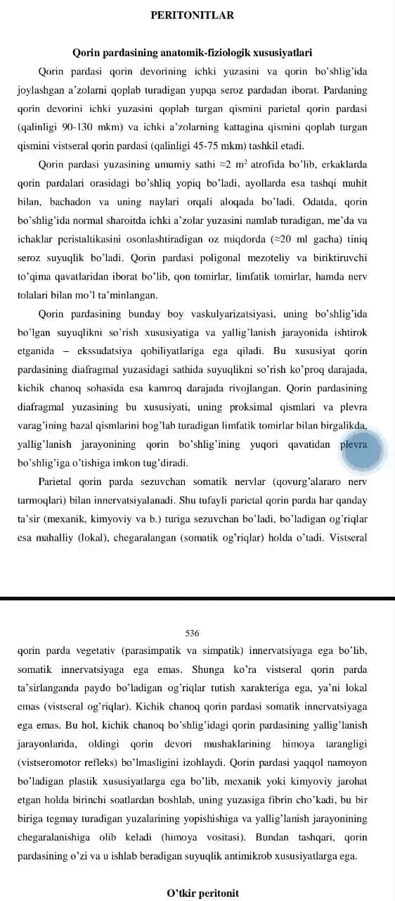 Qorin pardasining anatomik-fiziologik xususiyatlari
