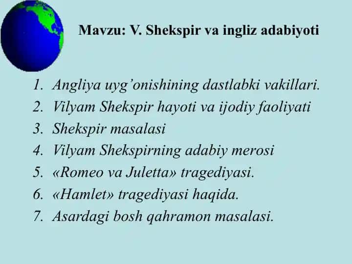 V.Shekspir va ingliz adabiyoti