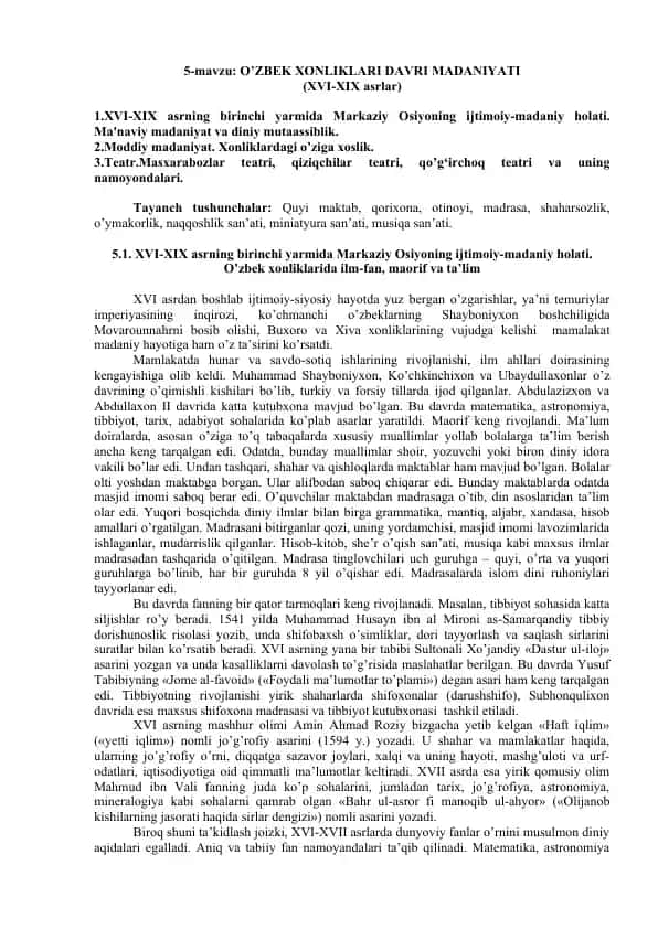 O’ZBEK XONLIKLARI DAVRI MADANIYATI