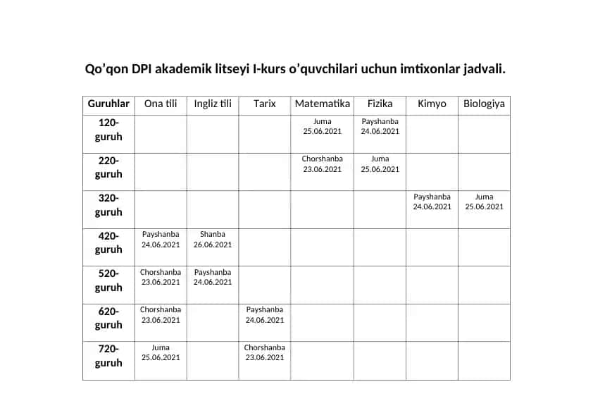 Qo’qon DPI akademik litseyi I-kurs o’quvchilari uchun imtixonlar jadvali