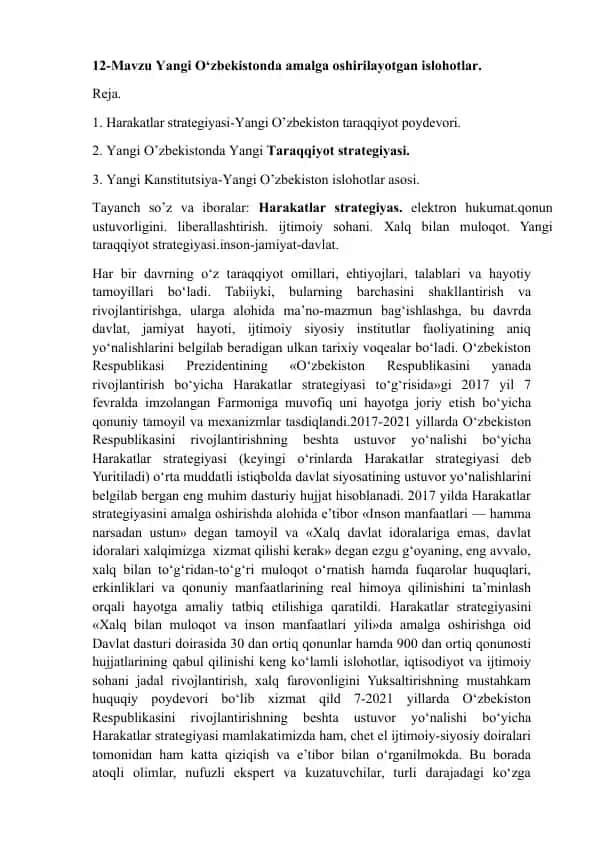12-Mavzu Yangi O‘zbekistonda amalga oshirilayotgan islohotlar
