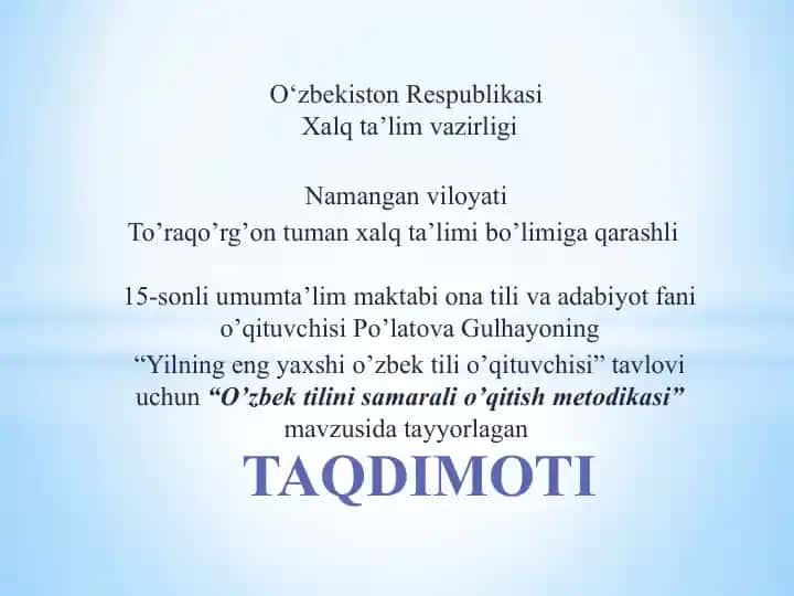 O‘zbek tilini samarali o’qitish metodikasi