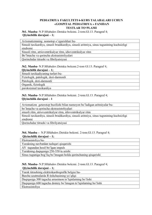 GOSPITAL PEDIATRIYA Testlar To'plami