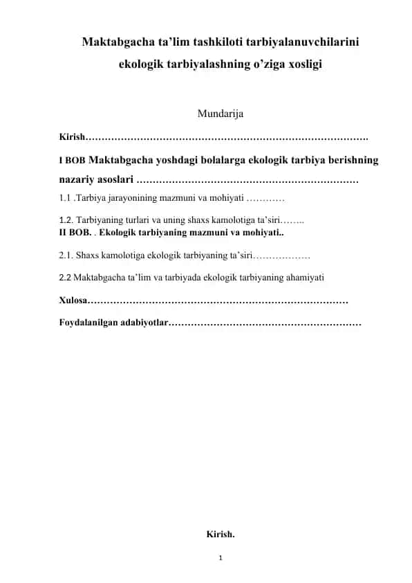Maktabgacha ta’lim tashkiloti tarbiyalanuvchilarini ekologik tarbiyalashning o'ziga xosligi