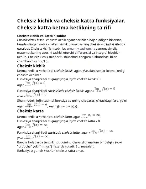 Cheksiz kichik va cheksiz katta funksiyalar ta'rifi va hisoblari