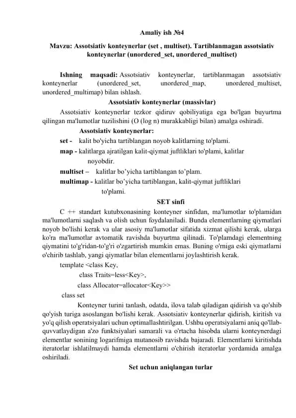 Аssotsiativ konteynerlar (set , multiset). Tartiblanmagan assotsiativ konteynerlar (unordered_set, unordered_multiset)