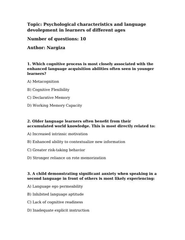 Psychological characteristics and language development in learners of different ages